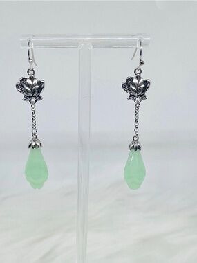 Silver Lotus Flower Drop Earrings with Mint Green Teardrop Dangle